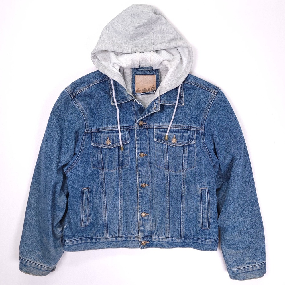 Canyon Guide‎ Outfitters Mens Medium Wash Hooded Denim Trucker Jacket Blue Lined